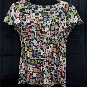 Sere Nade Top Shirt Womens Large Black Pastel Floral Square Neck Button Up